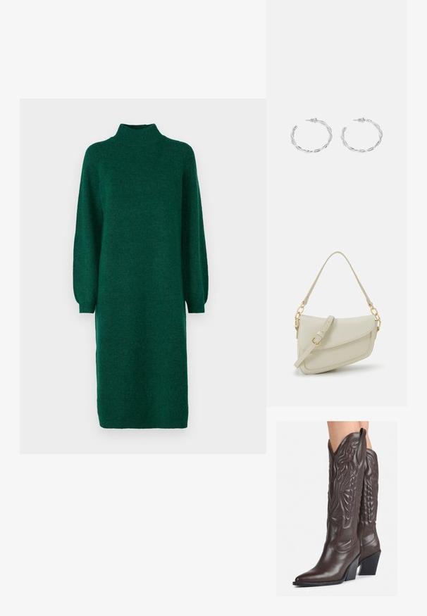 YAS YASBALIS FUNNEL DRESS - Obleka/pulover - fir; Rjave usnjene kavbojske čevlje z ostrim nosom in blok peto, ki vsebujejo podrobno šivanje in dvignjene dodatke na zgornjem delu.; Mala kremna torbica z teksturiranim zaključkom, dolgim nastavljivim trakom, verižnim poudarkom in zapiranjem na poklop. Detajli iz zlatega kovinskega materiala.; Srebrni uhani v obliki obročka s spiralnim dizajnom, ki imajo sijajno površino in zapiralo na zadnji strani. Mere znašajo približno 3 cm v premeru.