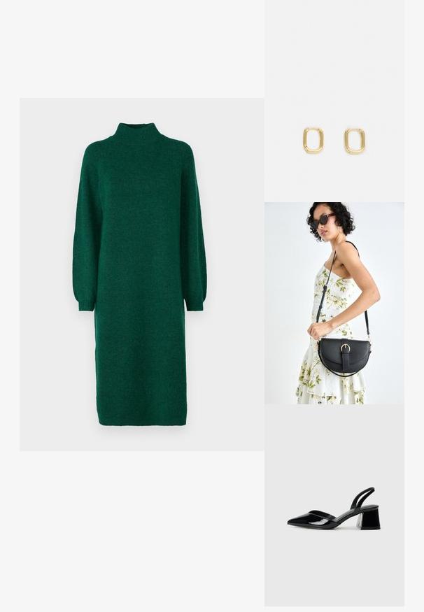 YAS YASBALIS FUNNEL DRESS - Rochie tricotată - fir; Pantofi cu toc slingback din piele lacuită neagră, cu vârf ascuțit și toc geometric. Prezintă un design elegant, minimalist și o textură netedă.; Geantă din piele neagră, cu o formă curbată, curea detașabilă și accesorii aurii. Geanta are un capac cu un detaliu tip cataramă.; Cercei din aur, în formă de dreptunghi, cu o textură netedă și margini rotunjite. Designul are o formă geometrică minimalistică.