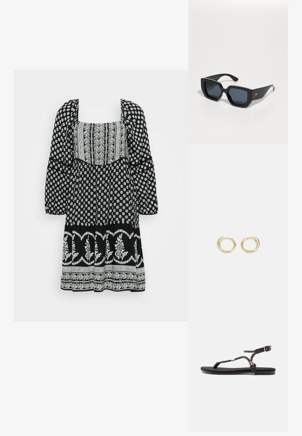 Juoda suknelė su baltais gėlių ornamentais, kvadrato formos iškirpte, pūstomis rankovėmis ir platėjančia sijona, dekoratyvinių akcentų.; Juodos plokščios šlepetės su pintomis dirželiais ir metaliniu akcentu. turi reguliuojamą sagtį ir plokščią gumos padą patogumui.; Juodos didelės saulės akinių su geometriniu raštu, stačiakampiais objektyvais ir blizgiu paviršiumi. Nėra matomo prekės ženklo priekyje.; Auksiniai auskarai su sklandžiu, apvaliu dizainu. Savybės: mažas uždarymo mechanizmas, lengvas įvaizdis ir poliruotas paviršius.