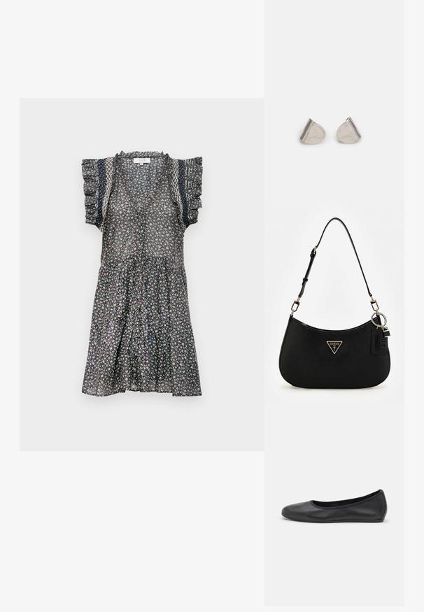 Květinové šaty vyrobené z lehké látky, s volánkovými krátkými rukávy, V-výstřihem a splývavou A-linií v tmavých barvách.; Černé kožené baletní byty s kulatou špičkou, hladkou texturou, minimálními švy a flexibilním designem podrážky.; Černá syntetická taška přes rameno s zakřivenou siluetou, strukturovaným povrchem, zlatým trojúhelníkovým logem a odnímatelnými kovovými akcenty.; Stříbrné kovové náušnice s hladkým tvarem slzy a lesklým povrchem. Jemné rytiny přidávají detail. Minimalistický design.