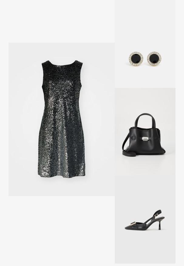 Černé bezramínkové šaty pokryté malými flitry, vytvářejícími třpytivý efekt. Jednoduchý kulatý výstřih a silueta ve tvaru A.; Černá kožená slingback obuv s špičatou špičkou, štíhlým podpatkem a akcenty zlaté barvy na vředu. Hladká textura a strukturovaný design.; Černá kožená kabelka s texturovaným povrchem, vybavená dvěma horními uchy, odnímatelným ramenním popruhem a stříbrným detailem s uzávěrem.; DKNY INLAY STUD - Náušnice - black/gold-coloured