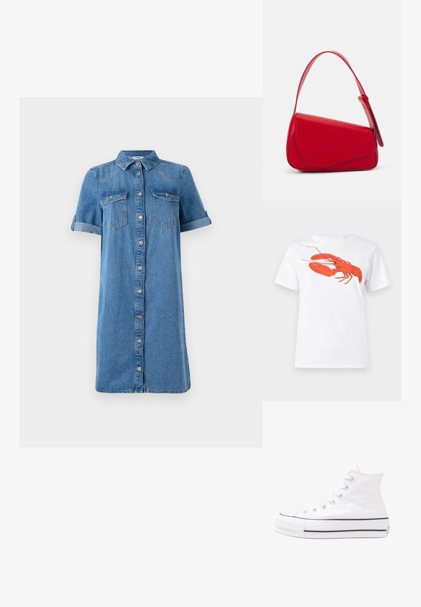 Denima kleita ar īsām sarullētām piedurknēm, pogu priekšpusi, divām krūšu kabatām un vienkrāsainu zilu krāsu. Ietaustīts apkakle un līdz ceļiem garums.; Balta kokvilnas T-krekls ar lielu, spilgti sarkanu omāru grafiku uz priekšu. Īsas piedurknes un standarta apļveida kakla dizains.; Balti augstie kanvas sporta apavi ar melnu gumijas zoli, priekšējo gumijas purngalu un sešām acīm lencēm, kuriem ir tīrs, minimālistisks dizains.; Sarkans ādas rokassomi ar stūrainu, ģeometrisku dizainu. Iekļauj vienu regulējamu siksnu un vāku ar izšūtu detaļu.