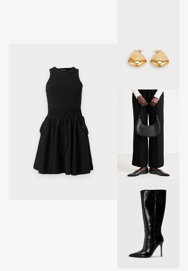 Černé bezramínkové šaty s žebrovaným vrškem a rozšířenou sukénkou. Obsahují elastický pas a dvě boční kapsy s knoflíky.; Černé kožené vysoké boty po kolena s špičatou špičkou a vysokým jehlovým podpatkem. Hladká textura a elegantní design, s minimálními detaily.; Černá kožená kabelka přes rameno s kulatým tvarem, lesklým povrchem a stříbrnými kovovými prvky. Osoba v černých širokých kalhotách a s ozdobenými mokasíny.; Náušnice z kovu ve zlatém tónu s hladkým, zaobleným trojúhelníkovým tvarem a designem na zadní upevnění; lesklý povrch s minimálními detaily.