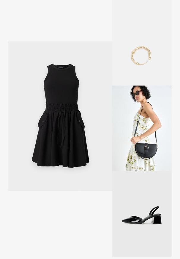 Mustamata ilma varrukat kleit, millel on ribaga pealne osa ja flared seelik. Omab elastset vööd ja kaht küljetaskut nuppudega.; Mustad musta lakknahk kingad, millel on terav varvas ja geomeetriline plokkkonts. Omab elegantselt minimalistlikku disaini ja sujuvat tekstuuri.; Mustmust mustraha kõverate joontega, eemaldatava rihmaga ja kuldsete detailidega. Kotil on klapp, millel on pandladetail.; Kuldtoonis sõrmus, millel on orgaaniline, keerdunud disain sileda tekstuuri ja kitsenevate otstega, luues kaasaegse skulptuurilise välimuse.