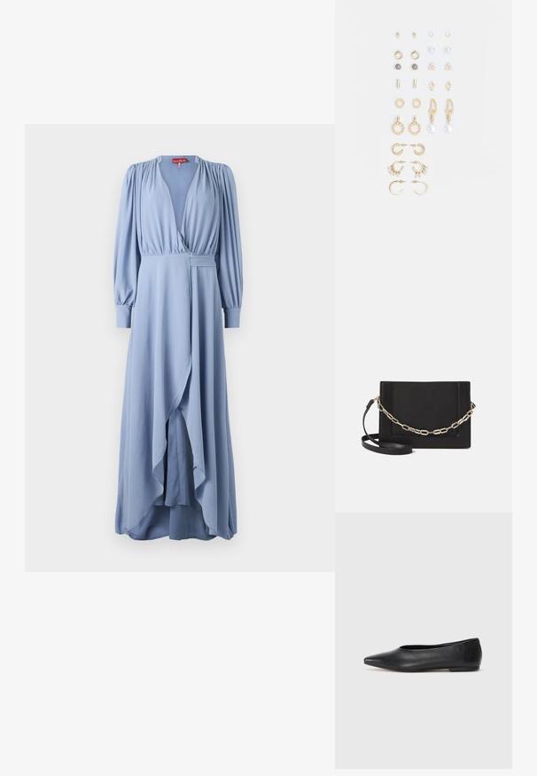 Lys blå lang kjole med lange pufferm, dyp V-hals, asymmetrisk kant og myk stoff. Har en sidelomme og innsamling ved skuldrene.; Sorte lærballerina med spiss tå, minimalistisk design, glatt tekstur, lav hæl uten synlig metall eller dekorasjoner.; Svart lær crossbody-veske med glatt tekstur, rektangulær form og metallkjede detaljer på framsiden. Justerbar stroppe inkludert.; Sett med gullfargede øredobber med ulike design, inkludert stikkere, hoops og hengende deler med perler og rhinestones.