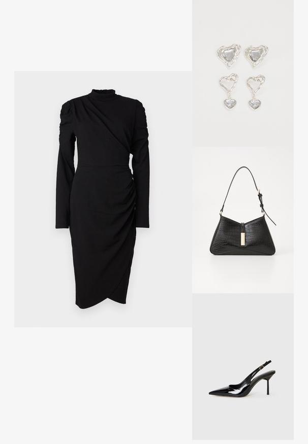 Svart langermet kjole med høy krage, strukturert stoff, asymmetrisk innpakningsdesign og sammensydd detalj på siden.; Svart lakkert lær slingback stiletthæl sko med spiss tå, tynn rem og gullspenne på hvit bakgrunn.; Svart håndveske i kunstskinn med krokodillemønster, med trekantet form, slank skulderrem og en gullfarget detalj i midten.; Sølv hjerteformede øredobber har fasetterte klare steiner med en teksturert ramme. Sett inkluderer både stud- og hengende stiler.