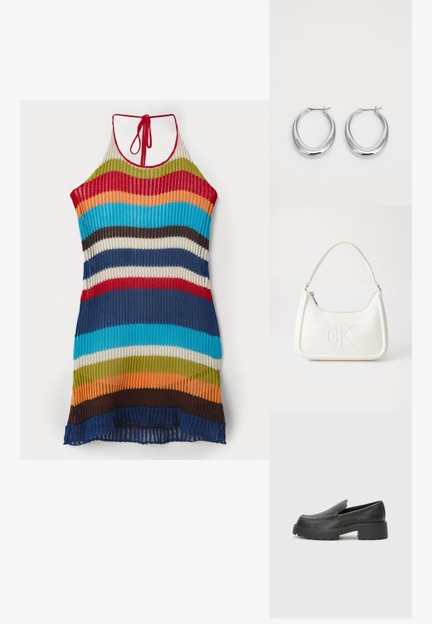Rochie halter tricotată, cu dungi multicolore în roșu, albastru, verde, portocaliu și maro. Textură cu țesătură deschisă și închidere cu nod la gât.; Mocasini din piele neagră, cu vârf rotunjit, talpă groasă texturată și detalii minimale de cusătură. Design elegant, fără șireturi sau accesorii vizibile.; Geantă de umăr din piele albă cu formă curbată, având un logo "CK" embosat pe partea din față și un singur braț de umăr. Închidere cu fermoar în partea de sus.; O pereche de cercei din argint lucios în formă de semilună, cu închideri articulate, pe un fundal alb.