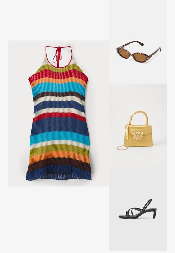 Knit halter dress featuring multicolored stripes in red, blue, green, orange, and brown. Open weave texture with a tied neck closure.; Black strappy sandal with a square toe and a low block heel. Features multiple thin straps and an adjustable ankle strap. Made of smooth leather.; Tortoiseshell sunglasses with oval lenses, brown-tinted, thin arms featuring a textured pattern, lightweight plastic frame.; Yellow faux-crocodile handbag with a structured design, top handle, detachable chain strap, and decorative crystal embellishment on the clasp.