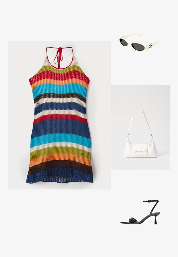 Knit halter dress featuring multicolored stripes in red, blue, green, orange, and brown. Open weave texture with a tied neck closure.; Bershka High heeled sandals - black; Cream-colored sunglasses with oval lenses, black tint, and metallic logo accents at the temples. Smooth texture, cat-eye design.; White synthetic handbag with a triangular shape, flat front flap and bow detail, adjustable strap, smooth texture, and minimalistic design.
