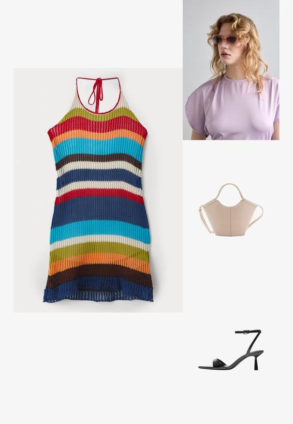 Pleta halter haljina s višebojnim prugama u crvenoj, plavoj, zelenoj, narančastoj i smeđoj boji. Otvorena pletena tekstura s vezanjem oko vrata.; Bershka Sandale s visokom petom - black; Roze naočale s geometrijskim okvirom, uparene s mekim lavandom topom s okruglim izrezom i kratkim rukavima.; Bež kožna torba jedinstvenog oblika, s dva kratka ručka i dugom podesivom trakom. Glatka tekstura s minimalnim metalnim dodacima.