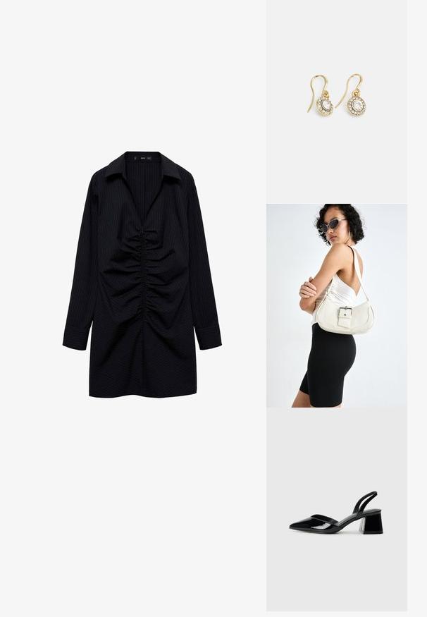 Abito camicia nero a righe con maniche lunghe, dettaglio arricciato frontale e colletto a punta. Tessuto morbido e vestibilità elegante.; Décolleté in vernice nera con punta affusolata e tacco in geometria cubica. Presentano un design elegante e minimalista, con una texture liscia.; Borsa a mano in pelle bianca con forma curvata, tracolla regolabile e un piccolo dettaglio con fibbia. Il modello indossa un outfit nero aderente.; Orecchini color oro con cristalli trasparenti di forma ovale circondati da pietre più piccole e trasparenti, dotati di un design a gancio per una vestibilità sicura.