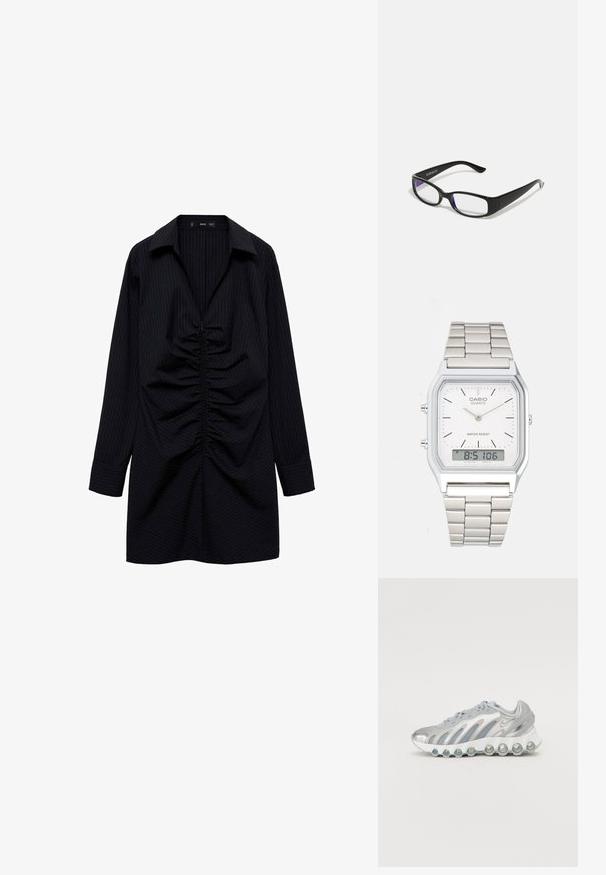Čierna košeľová šaty s pásikmi, s dlhými rukávmi, predným riasením a špicatým golierom. Hladká textura a prispôsobený strih.; Strieborná a sivá športová obuv s sieťovinovým zvrškom, zakriveným dizajnom a jedinečnou okrúhlou podrážkou s priehľadnými tlmiacimi prvkami.; Čierne obdĺžnikové okuliare s priehľadnými šošovkami. Lesklý povrch, úzke ramená a fialový nádych viditeľný na okrajoch šošoviek.; Strieborné hodinky z nehrdzavejúcej ocele so štvorcovým puzdrom, bielym ciferníkom, analógovým a digitálnym zobrazením a kovovým náramkom. Vodoodolný dizajn.