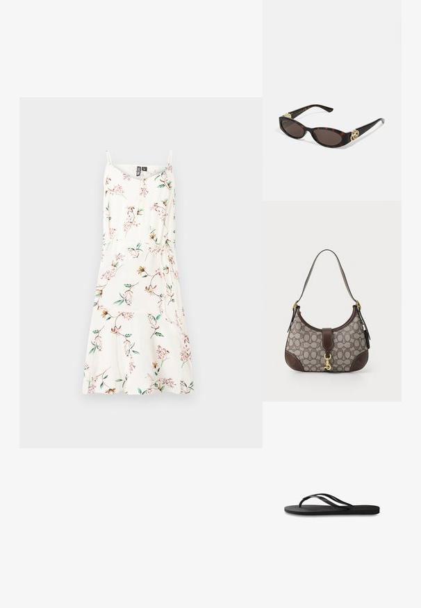 Vestido de verão floral com alças finas, em tecido creme com um padrão de flores dispersas e folhas verdes. Forma A-line fluida.; Chinelo preto com sola de borracha texturizada, duas tiras finas e um detalhe de logotipo discreto em relevo na tira.; Óculos de sol de tartaruga com lentes ovais alongadas, tom castanho, acentos de logotipo dourado nas hastes e hastes pretas elegantes.; COACH HAMPTONS HOBO BAG IN SIGNATURE JACQUARD - Mala de mão - oak maple