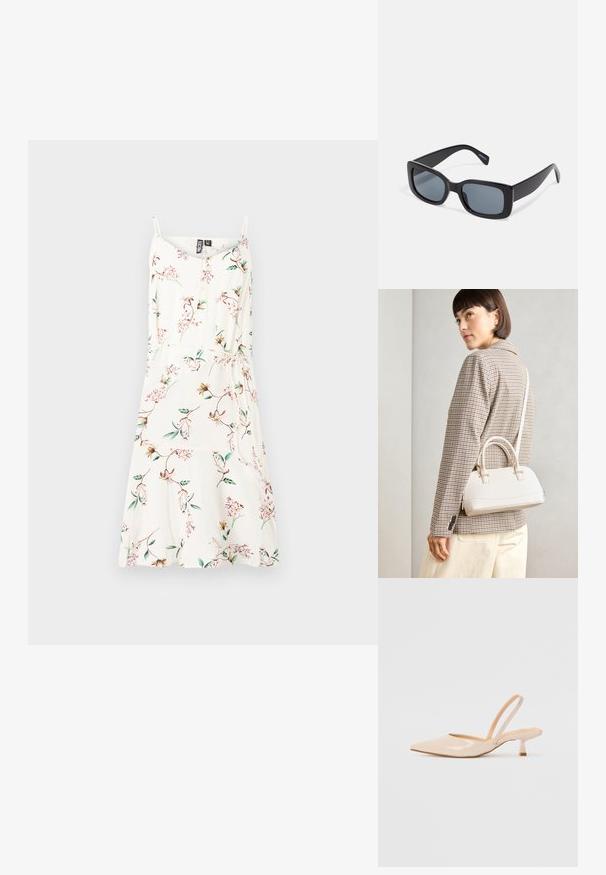 Rochie de vară florală cu bretele subțiri, din material crem, având un model de flori împrăștiate cu frunze verzi. Formă A-line fluidă.; Pantofi cu toc slingback din piele patent bej, cu vârf ascuțit și toc subțire, pătrat. Textură netedă și design minimalist, fără detalii decorative.; Ochelari de soare negri rectangulari cu lentile întunecate, cadru gros din plastic și tâmple late. Suprafață netedă și design unghiular.; Geantă structurată albă, cu mânere scurte și curea de umăr, având accente din metal aurit și material texturat, expusă pe un fundal gri.