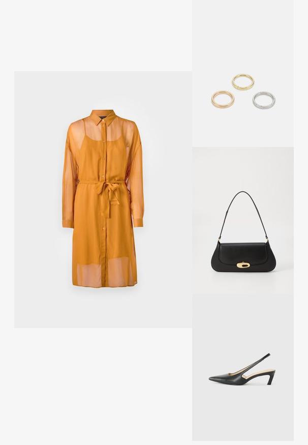 Duga, prozirna haljina u boji senfa s prednjim kopčanjem na dugmad, ovratnikom, dugim rukavima i remenom na struku. Ima opušteni kroj i slojeviti dizajn.; Crne cipele s izduženim vrhom i remenom oko pete, s niskom petom, izrađene od glatke kože i s izrezbarenom stranom radi prozračnosti.; Crna kožna torba s zakrivljenim dizajnom, zlatnim detaljima i gornjom drškom. Ima elegantno zatvaranje i glatku teksturu.; Tri metalne prstenove: jedan od rose zlata, jedan od zlata s teksturiranim akcentima i jedan od srebra, svi s ugraviranim logotipom na unutarnjoj strani.