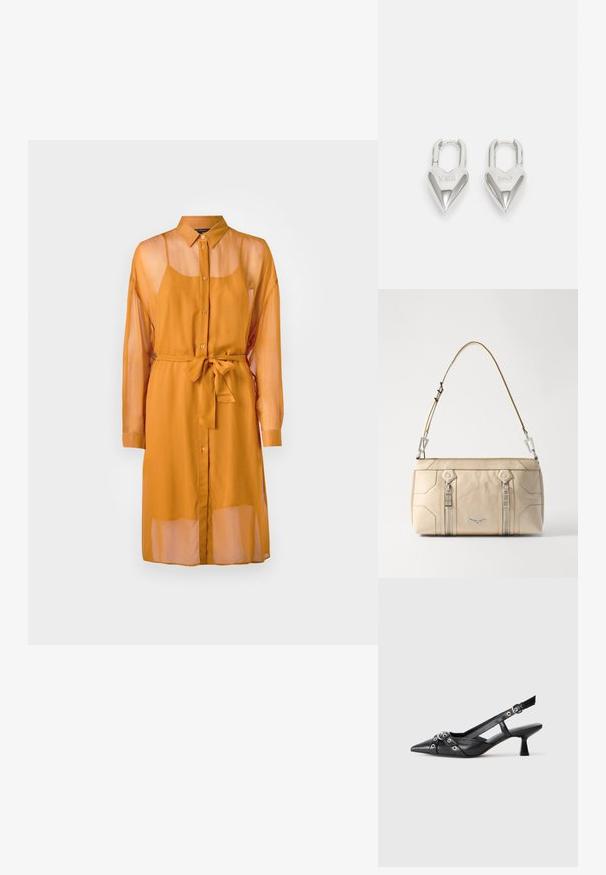 Pitkä, läpikuultava sinapinkeltainen mekko, jossa on napitettavat etuosat, kaulus, pitkät hihat ja vyötäröllä solmittava vyö. Mekossa on rento malli ja kerroksellinen muotoilu.; Mustat nahkakengät, joissa on avonainen takaosa ja kärjessä terävä muoto, koristevyöt, joissa on metalliset reiät, sekä matala lohkoepohja. Teksturoitu pinta.; Beige nahkalaukku, jossa on hopeiset yksityiskohdat, kaksi sivuvetoketjua, rakenteellinen muotoilu ja irrotettava hihna monipuolisuutta varten.; Hopeakuvioiset sydämen muotoiset rakkaussulkeet, joissa on kaiverrettu "KYLLÄ" ja "EI" -tekstit, kiiltävä pinta, symmetrinen muotoilu ja kestävä metalliovi.