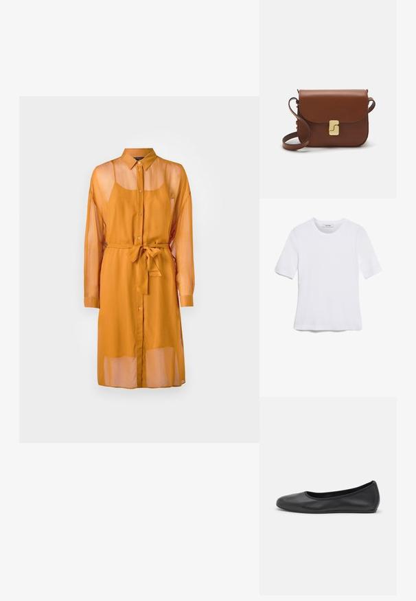 Abito lungo, trasparente color senape con bottone frontale, colletto, maniche lunghe e una cintura a cravatta in vita. Presenta una vestibilità rilassata e un design a strati.; T-shirt bianca a maniche corte realizzata in tessuto a costine. Collo rotondo, vestibilità regolare e dettagli di cucitura sottili. Senza motivi o grafiche.; Pantofole da balletto nere in pelle con punta arrotondata, texture liscia, dettagli di cucitura minimi e design con suola flessibile.; Borsa a tracolla in pelle marrone con chiusura a pattina, hardware color oro, tracolla e una finitura liscia. Forma rettangolare compatta.
