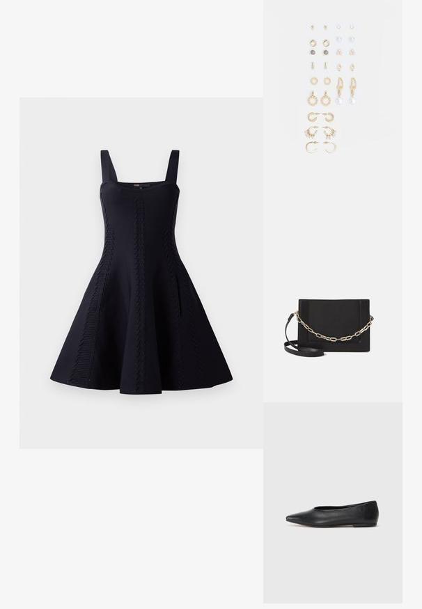 Czarna sukienka z dopasowanym korpusem i rozkloszowanym dołem. Wykonana z teksturowanej tkaniny z diagonalnymi wzorami. Regulowane ramiączka.; Czarne baleriny z lakierowanej skóry, spiczasty nosek, minimalistyczny design, gładka faktura, niskie obcasy, bez widocznych elementów metalowych czy ozdób.; Czarna skórzana torebka typu crossbody z gładką teksturą, prostokątnym kształtem oraz metalowym detalem w postaci łańcuszka z przodu. W zestawie regulowany pasek.; Zestaw kolczyków w kolorze złotym, zawierający różne wzory, w tym klipsy, kółka oraz zwisające elementy z perłami i cyrkoniami.
