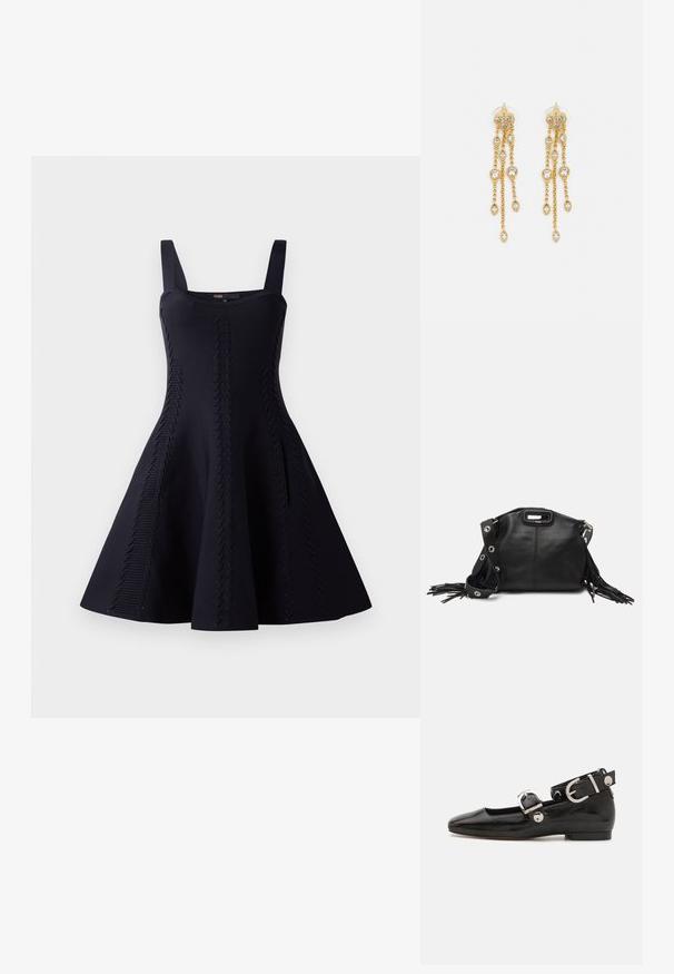 Crna haljina s uskim korzetom i raširenom suknjom. Izrađena od teksturiranog materijala koji sadrži dijagonalne uzorke. Podesive naramenice.; Crne lakirane balerinke sa četvrtastim vrhom, remenom oko zapešća sa srebrnim detaljima i ravnim đonom. Glatka tekstura s minimalističkim dizajnom.; Maje MISS MINI - Torba preko tijela - noir; Zlatne naušnice s višestrukim kaskadnim lancima, s prozirnim ovalnim cirkonima i dekorativnim šiljcima na vrhu.