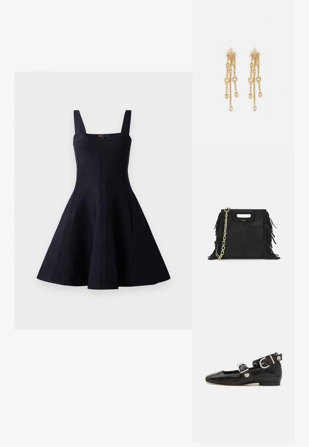 Juoda suknelė su prigludusia liemenėle ir išplatinta sijonu. Pagaminta iš tekstūruoto audinio, kuriame yra įstrižų raštų detalės. Reguliuojamos petnešos.; Juodas lakinės odos plokščias batelis su kvadratiniu pirštu, kulkšnies dirželiu su sidabro detalėmis ir plokščiu padu. Sklandus paviršius su minimalistišku dizainu.; Juodas odinis rankų darbo rankinys su frinzuotomis detalėmis, auksine grandinės petneša ir išpjauto dizaino rankena. Pirmoje pusėje yra logotipo vieta.; Aukso spalvos auskarai su keliais kaskadiniais grandinėlėmis, su skaidriais ovaliais kristalų akcentais ir dekoratyviniais auskarų priekiais.