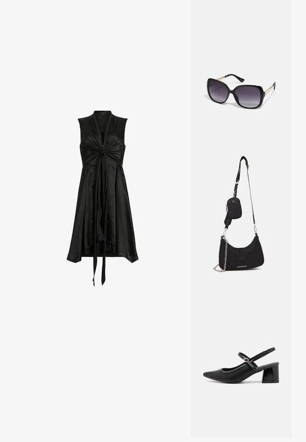 Melnā bezpiedurkņu kleita no satīna ar savītu priekšpusi, plūstošu apakšmalu un diviem auduma saišu pie jostas, lai pielāgotu izmēru.; Melns patentēts ādas sandales ar norādīta pirksta formu, noapaļotu izgriezuma dizainu un bloķētu papēdi. Iezīmēta ar zelta toņa sprādzi.; Melni pārmērīgi lieli saulesbrilles ar gradāciju lēcām, biezām rāmja malām un zeltainas krāsas ķēžu detaļām uz tempļiem.; Melna neilona plecu soma ar izliekta formu, sudraba ķēdes akcentu, noņemamu mini kabatu un regulējamu siksnu; papildus satur "Steve Madden" logo.