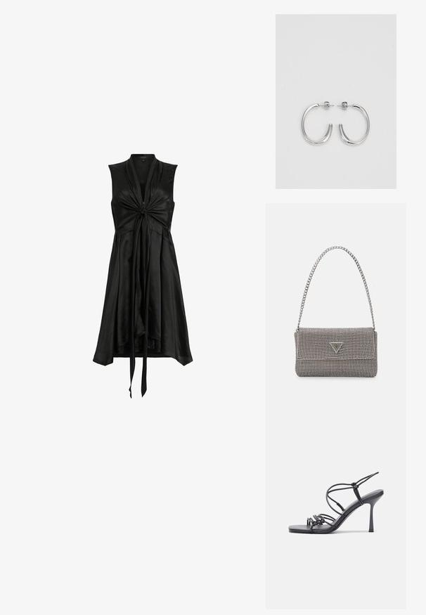 Robe sans manches noire en satin avec un design avant torsadé, une ourlet fluide et deux liens en tissu à la taille pour un ajustement réglable.; Des sandales noires à talons hauts avec des fines lanières au design noué, un bout carré lisse et un talon aiguille élégant.; Sac à main en métal gris clair avec une bandoulière en chaîne, orné de petits clous métalliques ronds et d'un logo de marque triangulaire.; Boucles d'oreilles en argent avec une finition lisse et brillante. Forme arrondie, conception légère, avec un fermoir à tige.