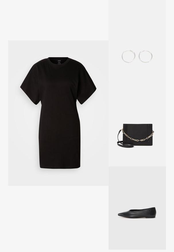 Must mustdress lühikeste varrukatega, ümmarguse kaelusega, valmistatud pehmest puuvillakangast. Lihtne disain, ilma nähtavate mustrite või aksessuaarideta.; Musthave mustris balletkingad, terav nina, minimaliseeritud disain, sile pind, madal konts, ilma nähtava riistvara või kaunistusteta.; Mustast nahast õlakott, mis omab siledat tekstuuri, ristküliku kuju ning esiküljel metallketi detaili. Reguleeritav rihm on kaasas.; Hõbedased rõngaskõrvarõngad, millel on sujuv ja ümar disain, millel on sile pind ja nähtavad kaunistused puuduvad. Diameeter ei ole täpsustatud.