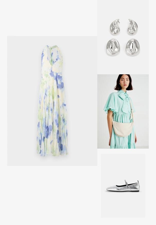 Robe à col halter plissée avec un motif floral en tons de bleu et de vert sur un tissu léger de couleur jaune clair.; Ballet plat métallisé argenté avec un bout pointu, une bride à la cheville avec boucle réglable, une surface texturée et une semelle noire minimaliste.; Sac à main couleur crème avec une forme courbée, une texture douce et une bandoulière réglable, porté sur une robe légère en vert menthe à volants.; Boucles d'oreilles en argent présentant deux formes en goutte d'eau et deux formes arrondies, toutes avec une surface polie et réfléchissante et une texture lisse.
