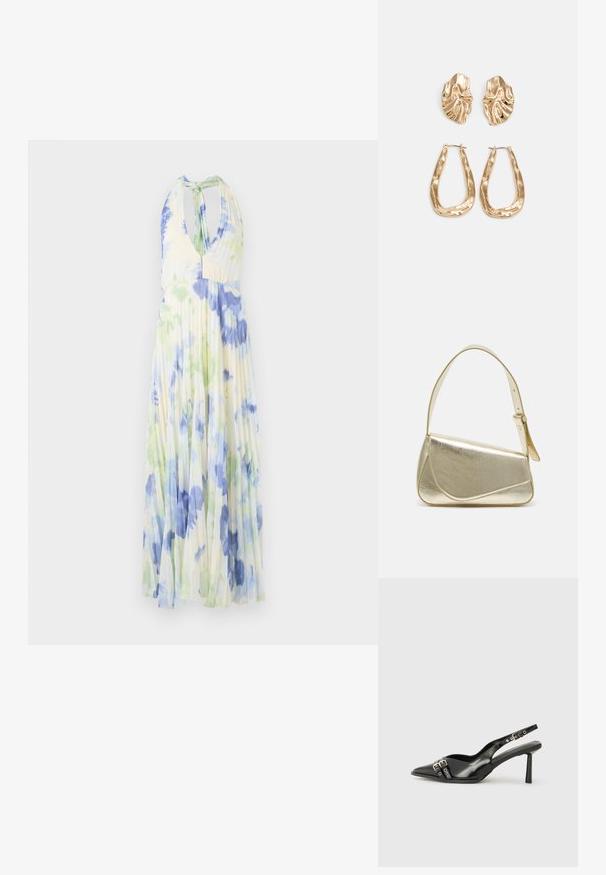 Rochie cu guler halter plisată, cu un model floral în nuanțe de albastru și verde pe un material ușor, de culoare galben deschis.; Pantofii slingback din piele lăcuită neagră, cu vârf ascuțit, bretele pentru gleznă cu catarame și accesorii din argint, și un toc subțire.; Geantă de umăr metalică aurie cu un design structurat, textură netedă și curea reglabilă. Prezintă o formă triangulară unică și cusături minimaliste.; Cercei aurii cu forme texturate și ondulate. Include studs sculpturale cu clip și un design de cerc deschis cu un finisaj cioplit.
