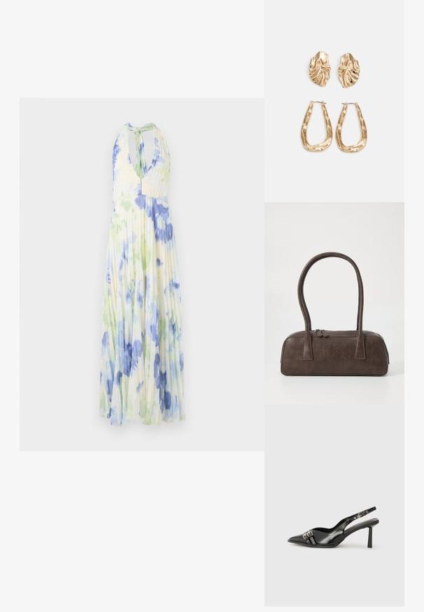 Sukně s plisovaným halter krkem, která má květinový vzor v modrých a zelených tónech na lehké, světle žluté látce.; Černá lakovaná slingback obuv s špičatou špičkou, kotníkovými pásky s kovovými sponami a příslušenstvím, a štíhlým podpatkem.; Hnědá kožená kabelka s dvěma pevnými uchy, obdélníkový tvar, hladká textura a zipové zavírání. Minimalistický design bez viditelných vzorů.; Náušnice ve zlatém tónu s texturovanými, vlnitými tvary. Obsahují sochařské klipy a design otevřeného kruhu s kladivkovým povrchem.