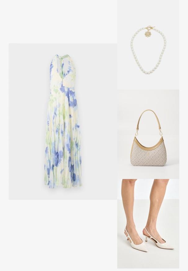 Faltenrockkleid mit Halterneck, das ein florales Muster in Blau- und Grüntönen auf leichtem, hellgelbem Stoff zeigt.; Beige Lackleder Slingback-Absätze mit spitzem Fuß und 5 cm Absatz, mit ausgeschnittenen Seiten und einem schmalen Knöchelriemen.; Beige gemusterte Handtasche mit geschwungener Form, Lederakzenten und einem goldfarbenen Logo auf der Vorderseite. Verfügt über einen kurzen Griff für einfaches Tragen.; Lauren Ralph Lauren COLLAR - Halskette - gold-coloured/white