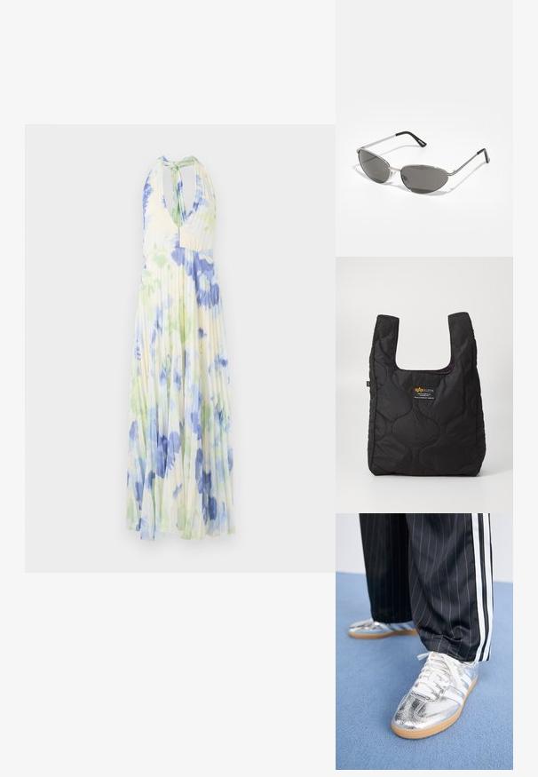 Plisé halterneck jurk met een bloemenpatroon in blauwe en groene tinten op een lichtgewicht, lichtgele stof.; Metalen zilveren sneakers met witte veters en drie witte strepen, gecombineerd met zwarte streepd pants. Gumaansluiting accent aan de onderkant.; Zonnebril met een slank, zilveren metalen frame, grijs getinte lenzen en een aerodynamisch ontwerp met puntige randen en dunne pootjes.; Zwarte gewatteerde tote bag met een grote opening, gebogen vormen op het oppervlak en een label met gele en witte tekst aan de voorkant.; Zilveren oorbellen met twee druppelvormige en twee ronde vormen, allemaal met een gepolijste, reflecterende oppervlakte en een gladde textuur.