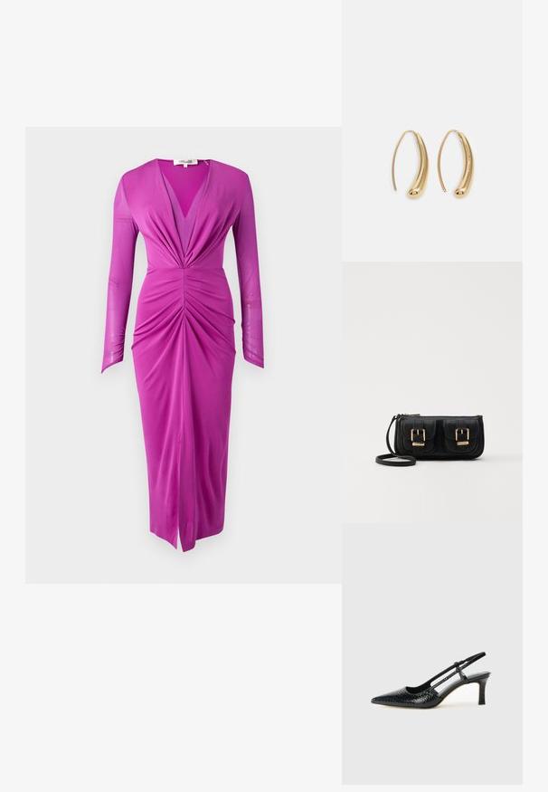 Φούστα φούξια με μακριά μανίκια και βαθύ V-λαιμό, με συγκεντρωμένες λεπτομέρειες στη μέση και σχισμή στο γόνατο. Λείο υλικό.; Μαύρη πατέντα σλινγκμπάκ γόβα με μυτερή μύτη, διαθέτει υφή από φίδι, ρυθμιζόμενο λουρί και κοντή, υφή τετράγωνη φτέρνα.; Μαύρη δερμάτινη τσάντα ώμου με δύο μπροστινές τσέπες, χρυσά κούμπωματα, κλείσιμο με φερμουάρ και λεπτό λουρί. Υφή επιφάνειας και κομψό ορθογώνιο σχήμα.; Χρυσές μεταλλικές σκουλαρίκια κρίκοι με καμπυλωτό, ελκυστικό σχήμα. Περιλαμβάνουν μια λεία, γυαλιστερή επιφάνεια και στρογγυλή άκρη για πρόσθετη λεπτομέρεια.