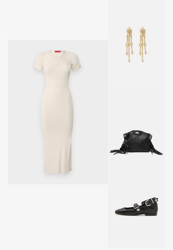 Csíkos kötött midi ruha tojásfehér színben, rövid ujjú, kerek nyakkivágással, testhez simuló sziluettel és oldalsó hasítékkal. Simaság jellemzi.; Fekete lakkbőr lapos cipő négyzet alakú orral, ezüst hardware-rel ellátott bokapánttal és lapos talppal. Simaságával és minimalista dizájnjával kiemelkedő.; Maje MISS MINI - Keresztpántos táska - noir; Aranyszínű fülbevalók, több zuhanó lánccal, tiszta ovális strasszköves díszítéssel és dekoratív fülbevaló tetejével.