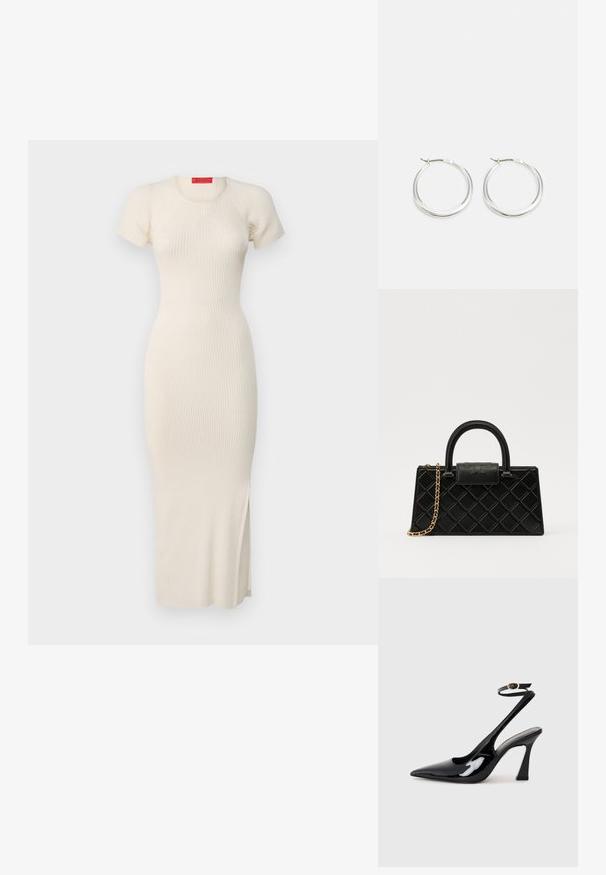 Rochia midi din tricot cu dungi în alb murdar, cu mâneci scurte, decolteu rotund, siluetă mulată și detalii cu fante pe laterale. Textură netedă.; Sandale cu toc înalt din piele patent neagră, cu vârf ascuțit, curea ajustabilă la gleznă și toc mediu pătrat. Textură netedă cu un finisaj lucios.; Geantă de mână neagră din piele texturată, cu un model în diamant, curea din lanț cu ton auriu și un mânere superior cu o închidere cu clapetă embosată cu logo.; Cercei rotunzi din argint prezintă un design neted și rotunjit, cu un profil subțire și un sistem de prindere sigur. Stil minimalist cu un finisaj lucios.