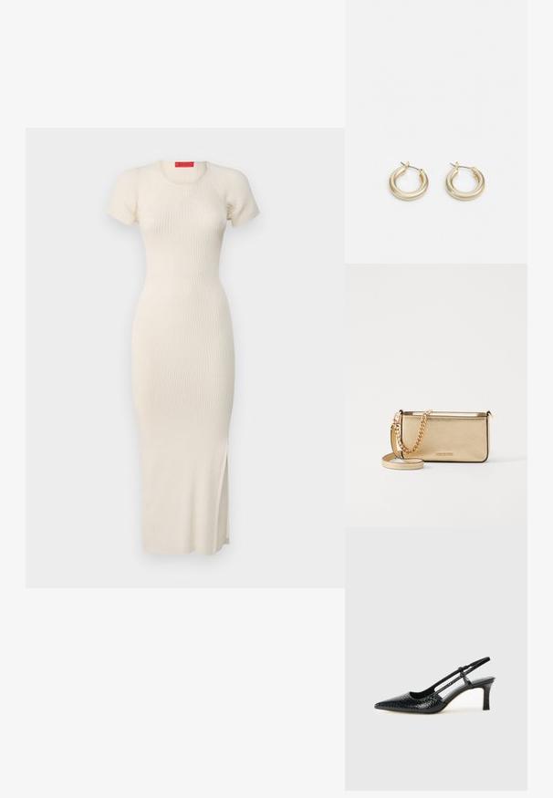 Robe midi en tricot côtelé de couleur blanc cassé avec des manches courtes, un col rond, une silhouette ajustée et un détail de fente sur le côté. Texture lisse.; Escarpin slingback en vernis noir avec un bout pointu, présentant un imprimé serpent texturé, une sangle réglable et un petit talon bloc texturé.; Pochette en cuir doré métallisé avec une finition texturée, dotée d'une chaîne dorée et d'une bandoulière amovible. Logo de la marque estampé.; Lauren Ralph Lauren BASIC SMALL HOOP - Boucles d'oreilles - gold-coloured