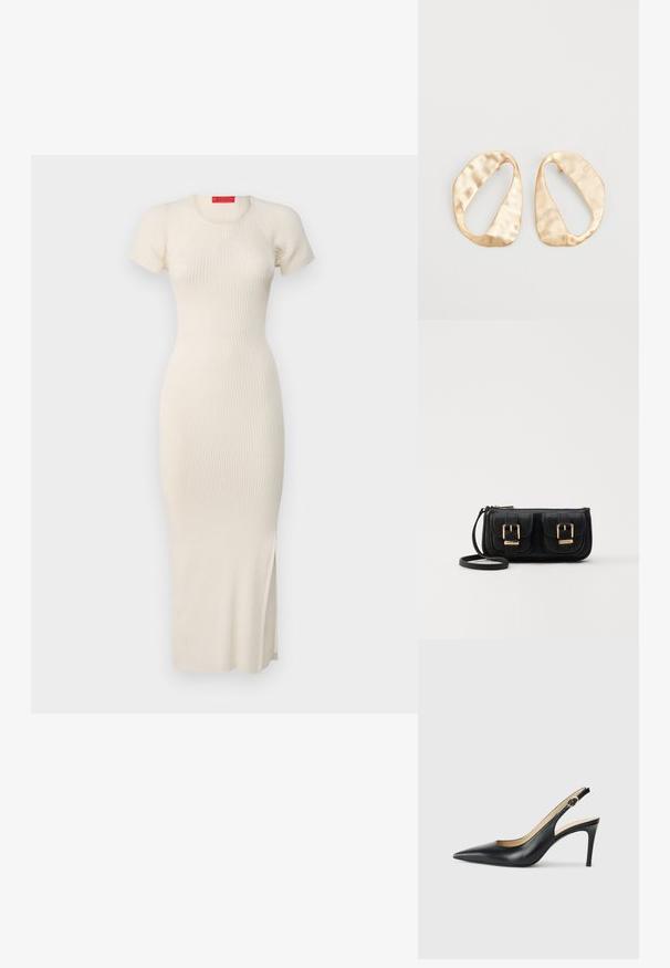 Rippenstrick-Midi-Kleid in Off-White mit kurzen Ärmeln, rundem Halsausschnitt, figurbetonter Silhouette und seitlichem Schlitz. Glatte Textur.; Schwarze Leder-Slingback-High-Heels mit spitzem Zehenbereich, verstellbarem Riemen und schlankem Stiletto-Absatz, ausgestattet mit einer glatten Oberfläche.; Schwarze Leder-Umhängetasche mit zwei vorderen Taschen, goldenen Schnallen, Reißverschluss und einem schmalen Tragegurt. Texturierte Oberfläche und kompakte rechteckige Form.; Ein Paar unregelmäßige, oval geformte Ohrringe aus goldfarbenem Metall mit einer strukturierten, leicht gehämmerten Oberfläche auf weißem Hintergrund.