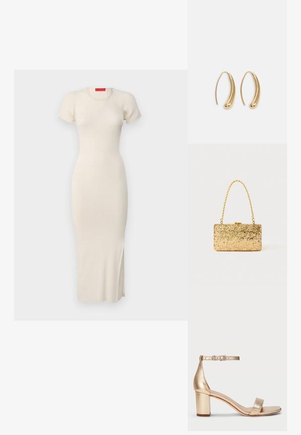 Rippenstrick-Midi-Kleid in Off-White mit kurzen Ärmeln, rundem Halsausschnitt, figurbetonter Silhouette und seitlichem Schlitz. Glatte Textur.; Lauren Ralph Lauren LOGAN METALLIC NAPPA LEATHER SANDAL - Riemensandalette - platinum; Goldene Pailletten-Clutch mit rechteckiger Form, ausgestattet mit einem gedrehten Kettenhenkel und einem Metallverschluss, der das Licht mit einer strukturierten Oberfläche reflektiert.; Goldfarbene Metall-Hoops mit einer geschwungenen, länglichen Form. Sie verfügen über eine glatte, glänzende Oberfläche und eine abgerundete Spitze für zusätzliche Details.