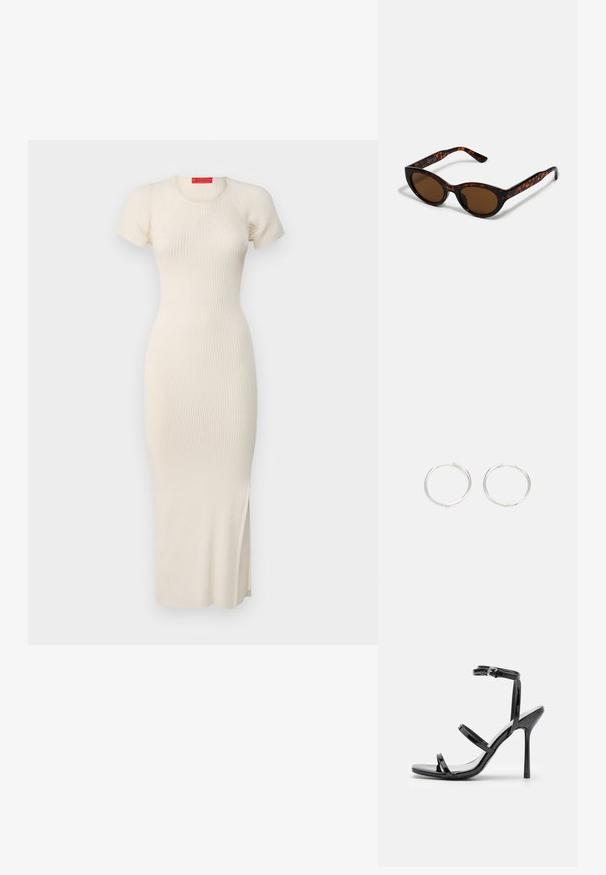 Ribbed knit midi-mekko off-white-värissä, jossa on lyhyet hihat, pyöreä kaula-aukko, istuva siluetti ja sivuhalkio. Sileä rakenne.; Musta patenttineuleinen korkeakorko sandaalit, joissa on kolme vaakasuoraa hihnaa ja säädettävä nilkkahihna. Tyylikäs siluetti ja kiiltävä pinta.; Ruske tortoiseshell sunčane naočale s vintage mačkastim oblikom i smešnim sočivima. Ima zakrivljene okvire s crvenim akcentima.; Hopea rengas korvakorut, joissa on tyylikäs, pyöreä muotoilu, tasainen pinta ja ilman näkyviä koristeita. Halkaisija ei ole määritelty.