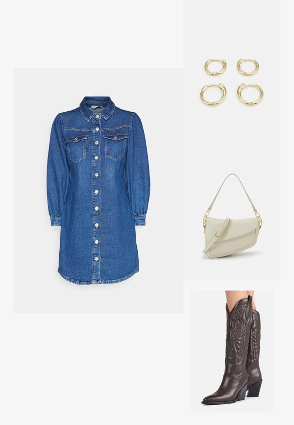 Džinsinis suknelė marškiniai su apykakle, ilgomis pūstomis rankovėmis, dviem krūtinės kišenėmis, sagomis priekyje ir kreiviu apdaila tamsiai mėlynos spalvos.; Rudos odinės kaubojaus batai su smailiu priekiu ir blokuotu kulnu, pasižymintys detaliu siuvinėjimu ir iškiliais akcentais ant ašies.; Mažas kreminis rankinukas su tekstūruotu paviršiumi, ilga reguliuojama juostele, grandinėle ir užsegimu su atvartu. Aukso detalės.; Auksiniai kabančių auskarai, keturios dalys, lygi apdaila, suapvalinta forma, įvairių dydžių, su pasukamu užsegimu, kad būtų lengva dėvėti.