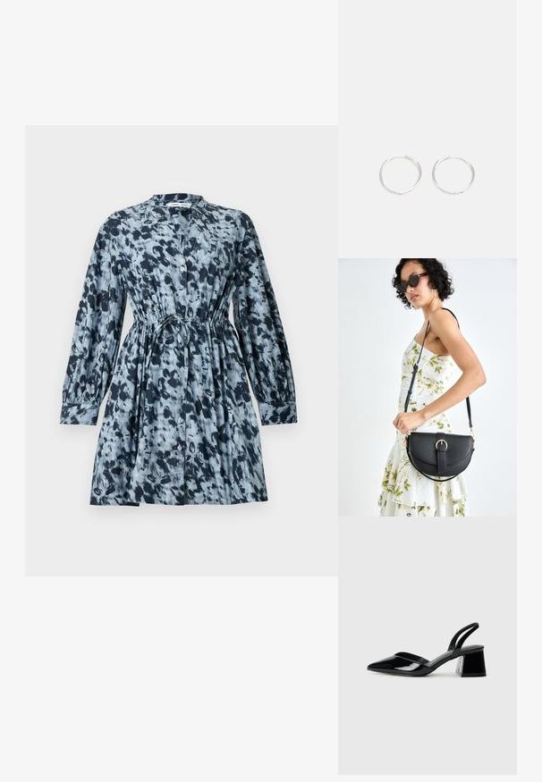 Šaty krátkého rukávu v modro-černém abstraktním vzoru, s předním zapínáním na knoflíky, s úzkým pasem a volným střihem. Tkanina vypadá lehce.; Černé lakované kožené lodičky na pásku s špičatou špičkou a geometrickým blokovým podpatkem. Vyznačují se elegantním, minimalistickým designem a hladkým povrchem.; Černá kožená kabelka s křivkovým tvarem, odnímatelným popruhem a zlatými detaily. Kabelka má klopu s přezkou.; Stříbrné kruhové náušnice s elegantním, kulatým designem, s hladkým povrchem a bez viditelných ozdob. Průměr není specifikován.