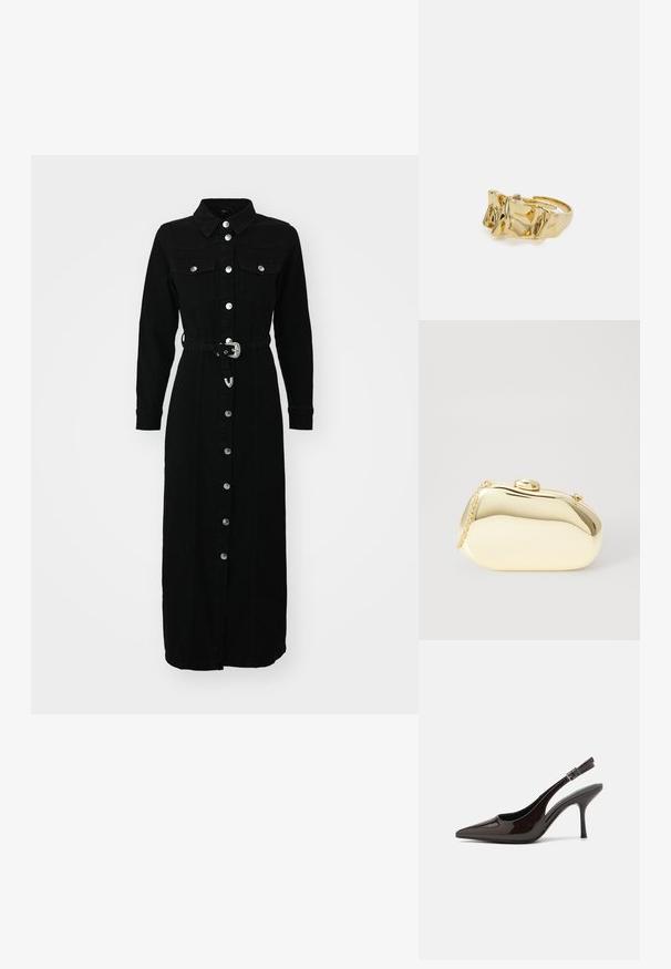 ONLY ONLMYTH LIFE BELT DRESS - Denim dress - washed black; Slingback high-heeled shoe in glossy dark brown patent leather, pointed toe, open sides, and adjustable ankle strap.; Metallic gold clutch with a smooth, rounded shape, featuring a top button clasp and a small chain strap for carrying.; Gold ring with textured, wavy design featuring three prominent peaks. Smooth, shiny surface with an open band for adjustable fit.