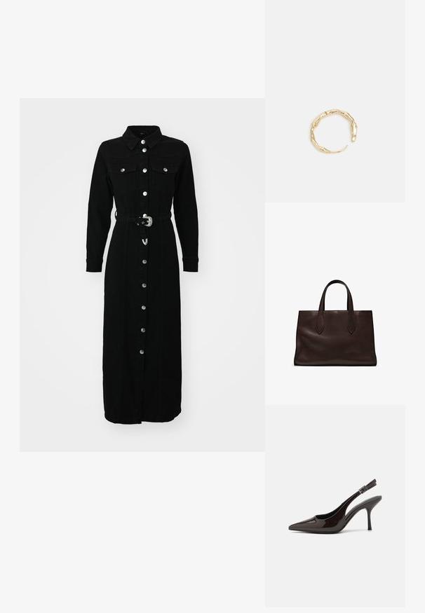 ONLY ONLMYTH czarny denim; Sandały na obcasie typu slingback z błyszczącej ciemno-brązowej lakierowanej skóry, w szpic, z otwartymi bokami i regulowanym paskiem wokół kostki.; Brązowa skórzana torba tote z dwoma wydłużonymi uchwytami, usztywnionym prostokątnym kształtem, gładką teksturą i subtelnymi detalami przeszycia.; Pierścionek w odcieniu złota z organicznym, skręconym wzorem, o gładkiej fakturze i zwężających się końcach, tworzący nowoczesny, rzeźbiarski wygląd.