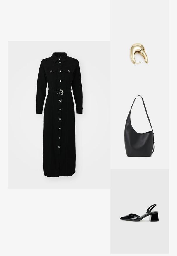 ONLY ONLMYTH LIFE BELT DRESS - Jeanskleid - washed black; Schwarze Lackleder-Slingback-High Heels mit spitzem Schuh und einem geometrischen Blockabsatz. Verfügt über ein schlankes, minimalistisches Design und eine glatte Textur.; Schwarze Leder-Hobo-Tasche mit einer glatten Textur, geschwungener Form und einem einzelnen verstellbaren Tragegurt; verfügt über eine weite Öffnung am oberen Ende.; Ohrringe aus goldfarbenem Metall mit einem schlanken, geschwungenen Design. Sie verfügen über eine markante, spitze Form, eine polierte Oberfläche und einen Scharnierverschluss.