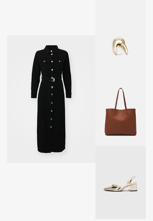 ONLY ONLMYTH czarny denim; Złote, metaliczne szpilki z boku z wydłużonym noskiem i grubym obcasem. Gładka faktura, minimalistyczny design i wąski pasek.; Brązowa skórzana torba tote o gładkiej fakturze, z otwartym wierzchem i dwoma ramiączkami. Charakteryzuje się minimalnym przeszyciem i brakiem widocznych elementów metalowych.; Złote metalowe kolczyki o eleganckim, zakrzywionym kształcie. Posiadają charakterystyczny szpiczasty kształt, polerowaną powierzchnię oraz zapięcie na zawias.