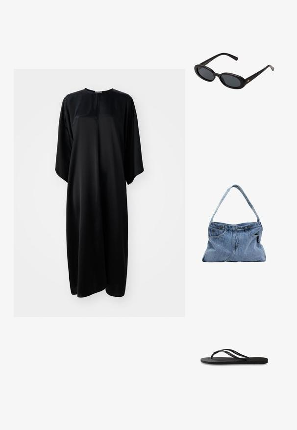 Juodas, trumpomis rankovėmis suknelė iš lygaus, blizgaus audinio, su apvaliu kaklu ir laisvu siluetu, sklandžiai nusileidžianti iki kelių, be užsegimų.; Juodos šlepetės su tekstūruotu guminio pado, dviem siauromis dirželių ir subtiliu, įspaustu logotipo detalė ant dirželio.; Juodos didelės saulės akinių su ovaliais objektyvais, lygia plastiko rėmeliu ir aukso akcentais ant šventyklos. Tamsūs objektyvai suteikia apsaugą nuo saulės.; Džinsinis peties krepšys su išlenktu dirželiu, dviem priekiniais kišenėmis ir mygtuku užsegimu, pasižymintis šviesiai mėlyna medžiaga ir kontrastingomis siūlėmis.