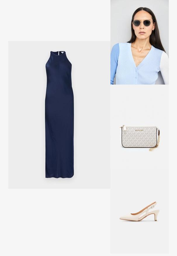 Mörkblå satin klänning med hög nacke och ärmlös design. Har en slät yta och en dold dragkedja i ryggen. Lång, figurnära silhuett.; Vit slingbackklack med spetsig tå, slät ovandel, låg blockklack och sidoutskärning med justerbar spänne.; Runda solglasögon med mörka linser och guldramar. Modellen bär en ljusblå, ribbad cardigan med knappar och kontrasterande vita ärmar.; Michael Kors handledos i beige belagd kanvas med ett upprepande MK-logomönster, gyllene detaljer och ett avtagbart kedjehandtag.