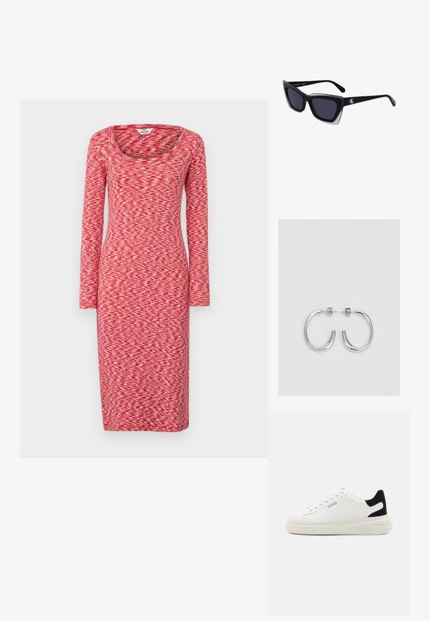 Pitkähihainen punainen mekko, jossa on pyöreä pääntie. Mekossa on teksturoitu kuvio, joka yhdistää vaalean ja tumman punaisen sävyt tasaiselle taustalle.; Valkoiset nahkakengät paksulla valkoisella pohjalla, mustalla mokkanahkaosuudella kannassa ja kohokuvioitu logo sivulla. Nauhakeskitys kuudella reiällä.; Mustat ylisuuret aurinkolasit, joissa on geometrinen muoto, tummat linssit ja kehykseen erottuva harmaa yksityiskohta. Logo varressa.; Hopehopeet hopehopeet hopehopeet hopehopeet, jolla on sileä, kiiltävä pinta. Pyöreä muoto, kevyt rakenne, jossa on neulakiinnitys.