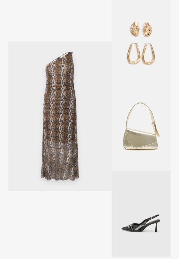 Eno-ramec, dolga obleka z enojnim ramenskim naramnicam, v rjavem, črnem in belem živalskem vzorcu ter rahlo nagubanem dizajnu na beeli podlagi.; Črne patentne usnjene sandale s koničastim nosom, zankami okoli gležnja s srebrnimi sponkami in opremo ter vitkimi petami.; Zlata metalna torbica z urejenim dizajnom, gladko teksturo in nastavljivim trakom. Ima edinstveno trikotno obliko in minimalistično šivanje.; Zlato obarvani uhani z teksturiranimi, valovitimi oblikami. Vključujejo skulpturalne sponke za ušesa in odprto obliko obročka s kladivastim finišem.