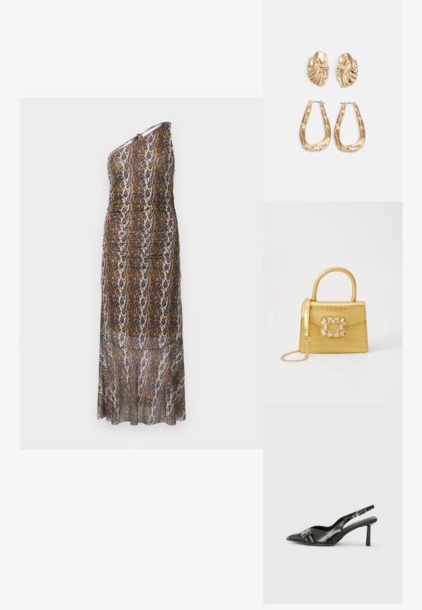 Rochie lungă, până la podea, cu un umăr, cu imprimeu animalier în nuanțe de maro, negru și alb și un design ușor drapat pe un fundal alb.; Pantofii slingback din piele lăcuită neagră, cu vârf ascuțit, bretele pentru gleznă cu catarame și accesorii din argint, și un toc subțire.; Geantă galbenă din faux-crocodil cu un design structurat, mână superioară, curea detașabilă cu lanț și embellisment decorativ cu cristale pe închidere.; Cercei aurii cu forme texturate și ondulate. Include studs sculpturale cu clip și un design de cerc deschis cu un finisaj cioplit.